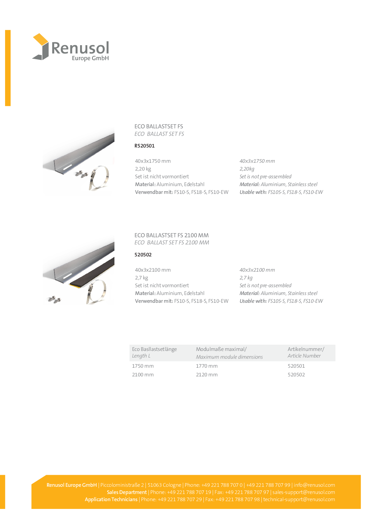Renusol ECO Ballast Set FS 2,1 m