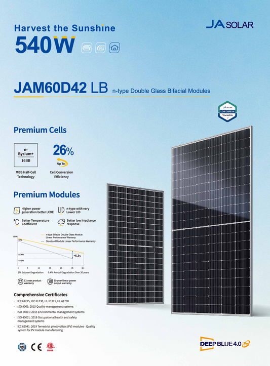 JA Solar PV Modul 530W Mono PERC Halbzelle MBB LB Silberrahmen MC4