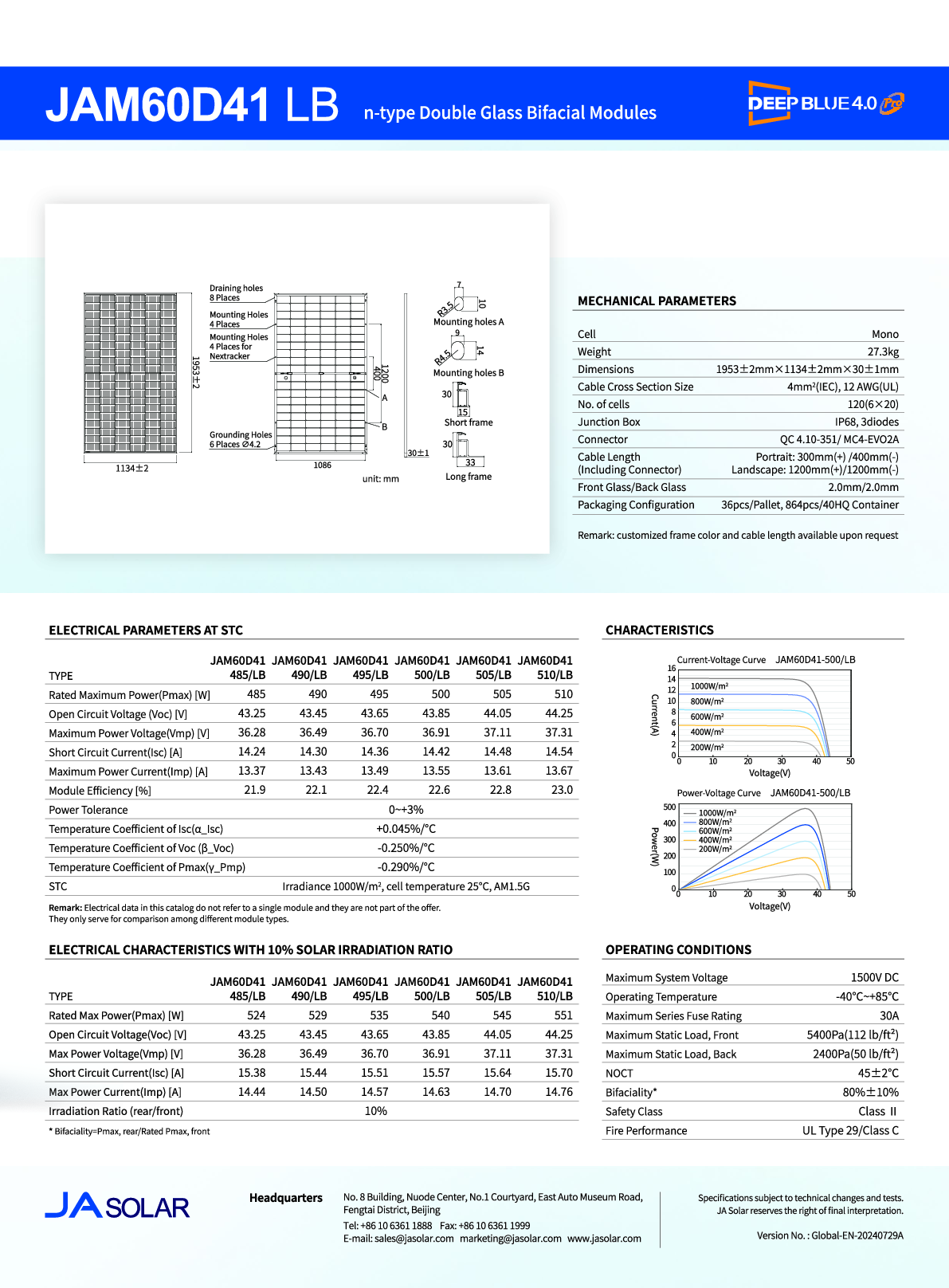 JA Solar PV Modul Panel 500W N type Bifazial All Black MC4