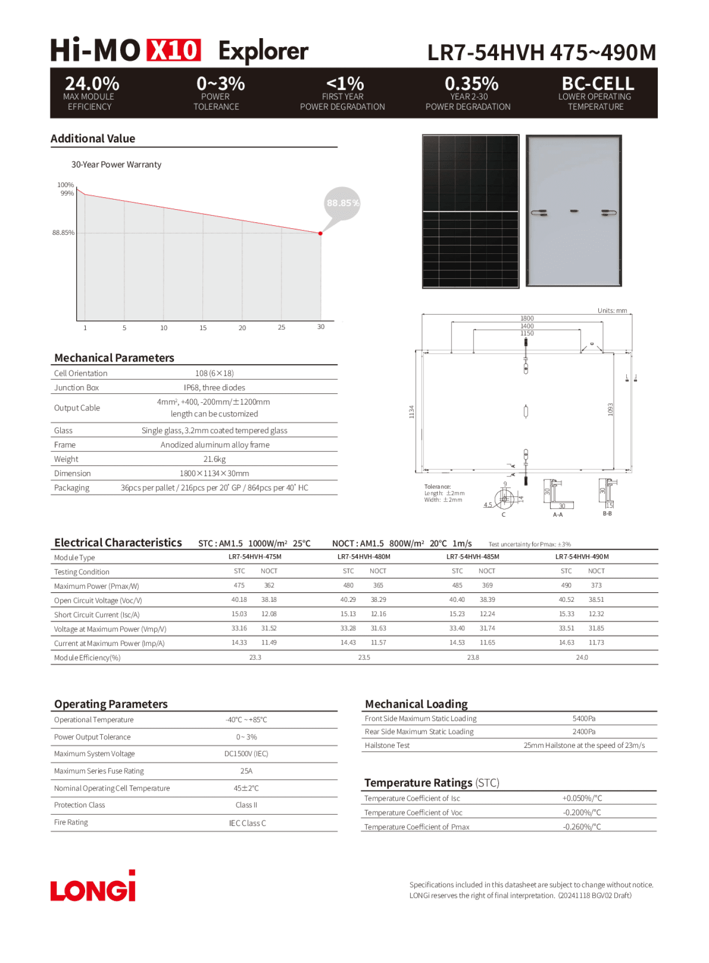 Longi PV Modul Solar Panel 485W Hi MO X10 Explorer HPBC MC4