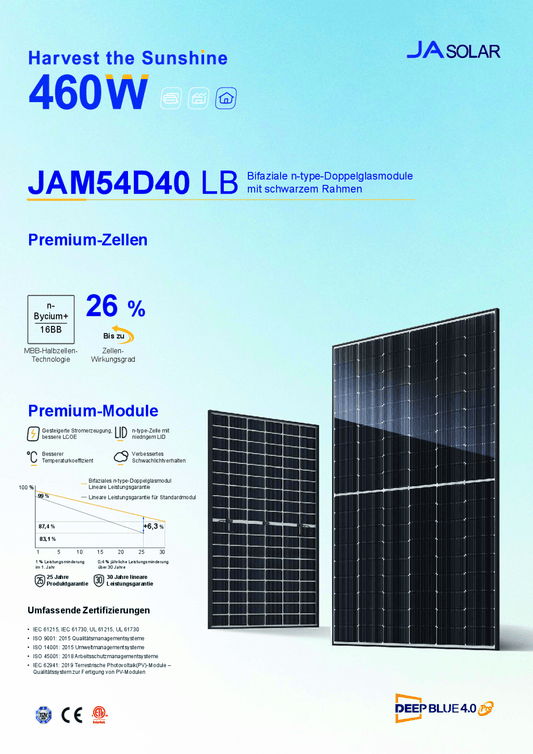 JA Solar PV Modul Panel 460W Doppelglas Bifazial MC4 Schwarz