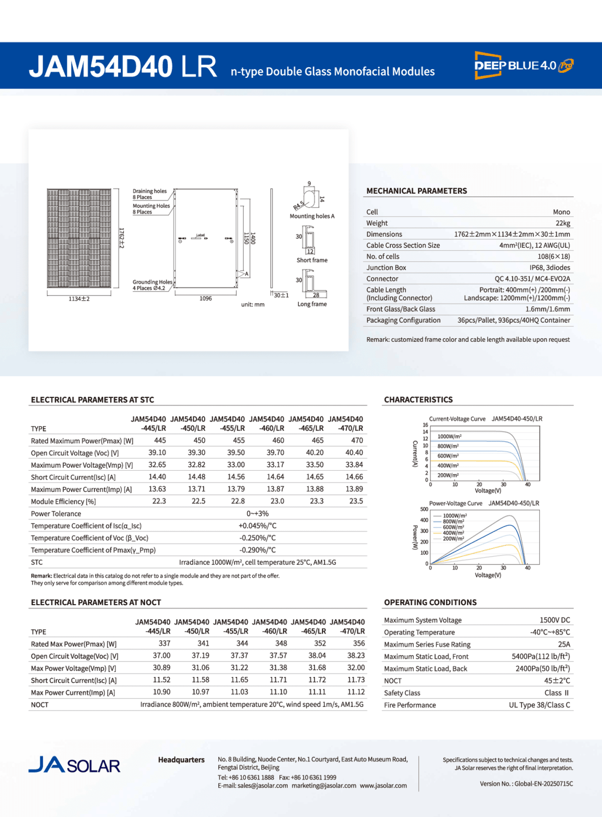 JA Solar PV Modul Panel 465W N Type Doppelglas MC4