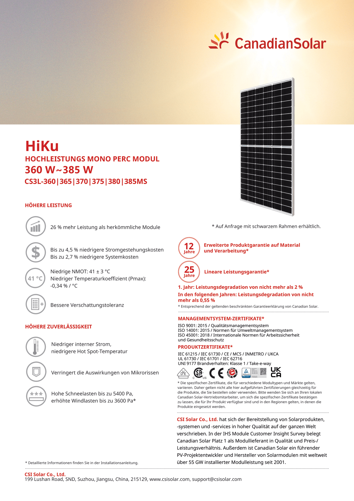 Canadian Solar PV Modul Solarpanel 375 Watt Super High Power Mono PERC HiKu MC4