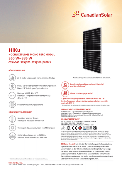 Canadian Solar PV Modul Solarpanel 375 Watt Super High Power Mono PERC HiKu MC4