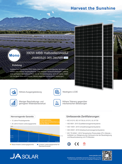 JA Solar PV Modul Solarpanel 385 Watt Mono PERC Halbzellen MC4 Rahmen Silber