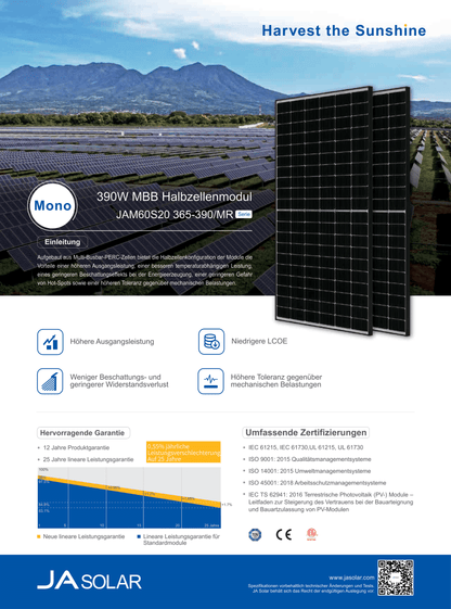 JA Solar PV Modul Solarpanel 385 Watt Mono PERC Halbzellen MC4 Rahmen Schwarz