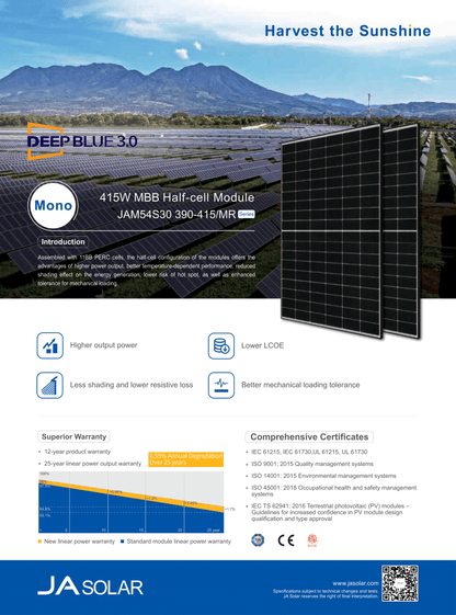 JA Solar PV Modul Solarpanel 405 Watt Mono PERC Halbzellen MC4 Rahmen Schwarz