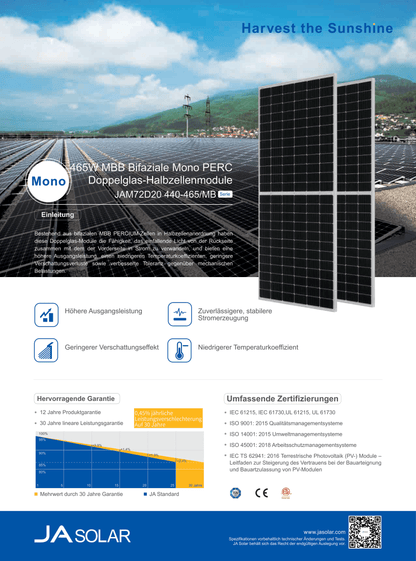 JA Solar PV Modul Solarpanel 455 Watt Mono PERC Bifacial v2 MC4 Rahmen silber