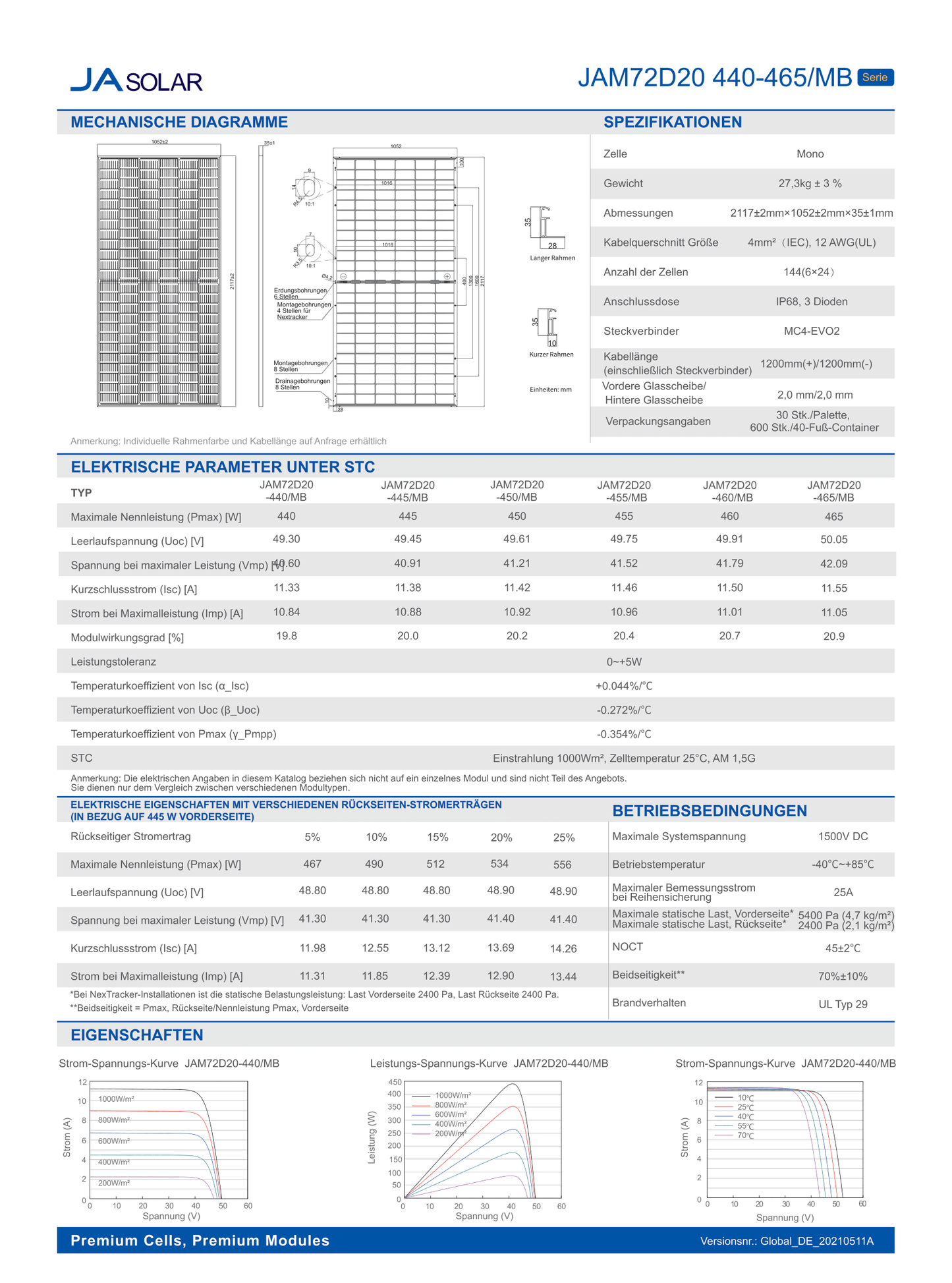 JA Solar PV Modul Solarpanel 455 Watt Mono PERC Bifacial v2 MC4 Rahmen silber