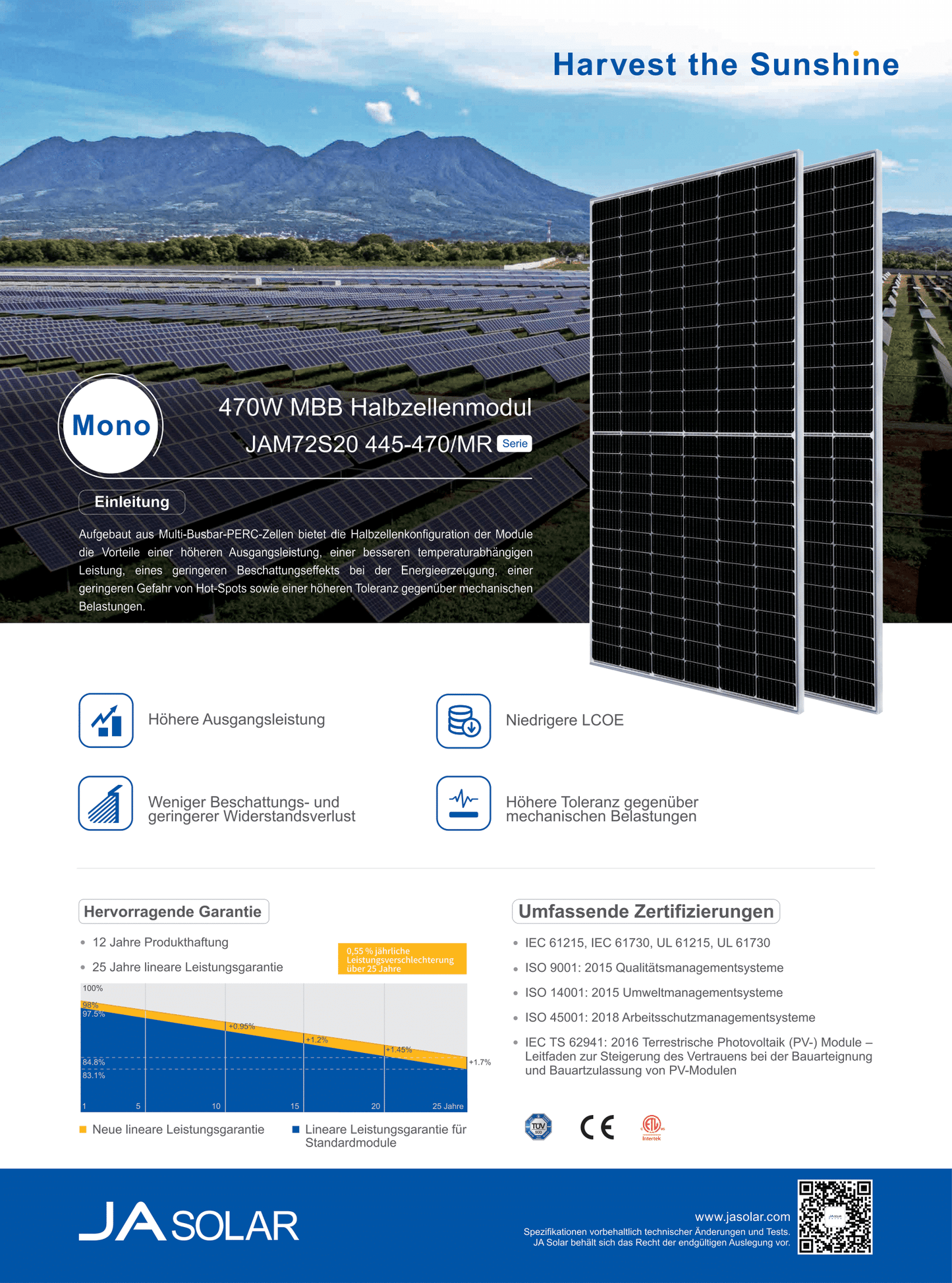 JA Solar PV Modul Solarpanel 460 Watt Mono PERCHalbzellen QC4 Rahmen silber