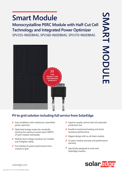 SolarEdge PV Modul Solarpanel 370Watt Mono PERC Halbzelle Black Power Optimierer