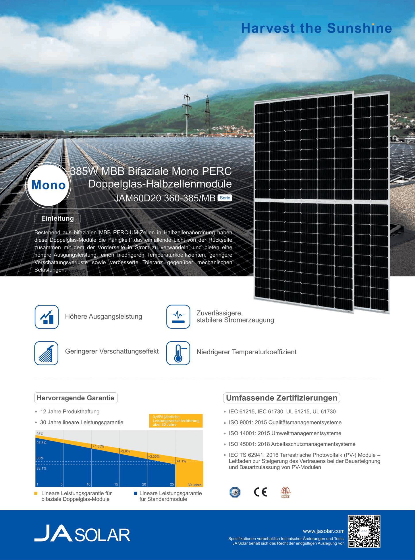 JA Solar PV Modul Solarpanel 380 Watt Mono PERC Halbzellen QC4 Bifacial Silber