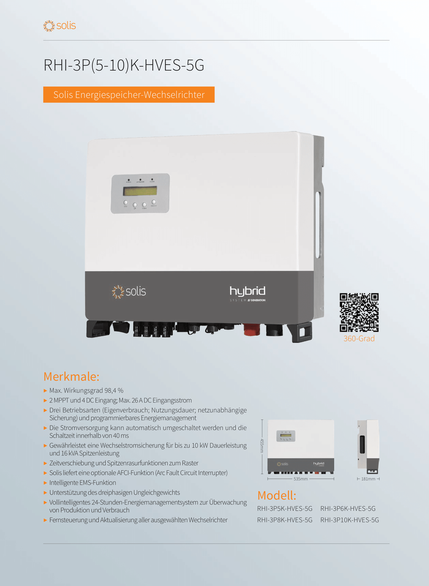 Solis Wechselrichter 5kW Hybrid 5G 2 MPPT 4 Strings DC Freischalter3ph Meter