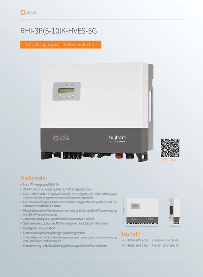 Solis Wechselrichter 5kW Hybrid 5G 2 MPPT 4 Strings DC Freischalter3ph Meter