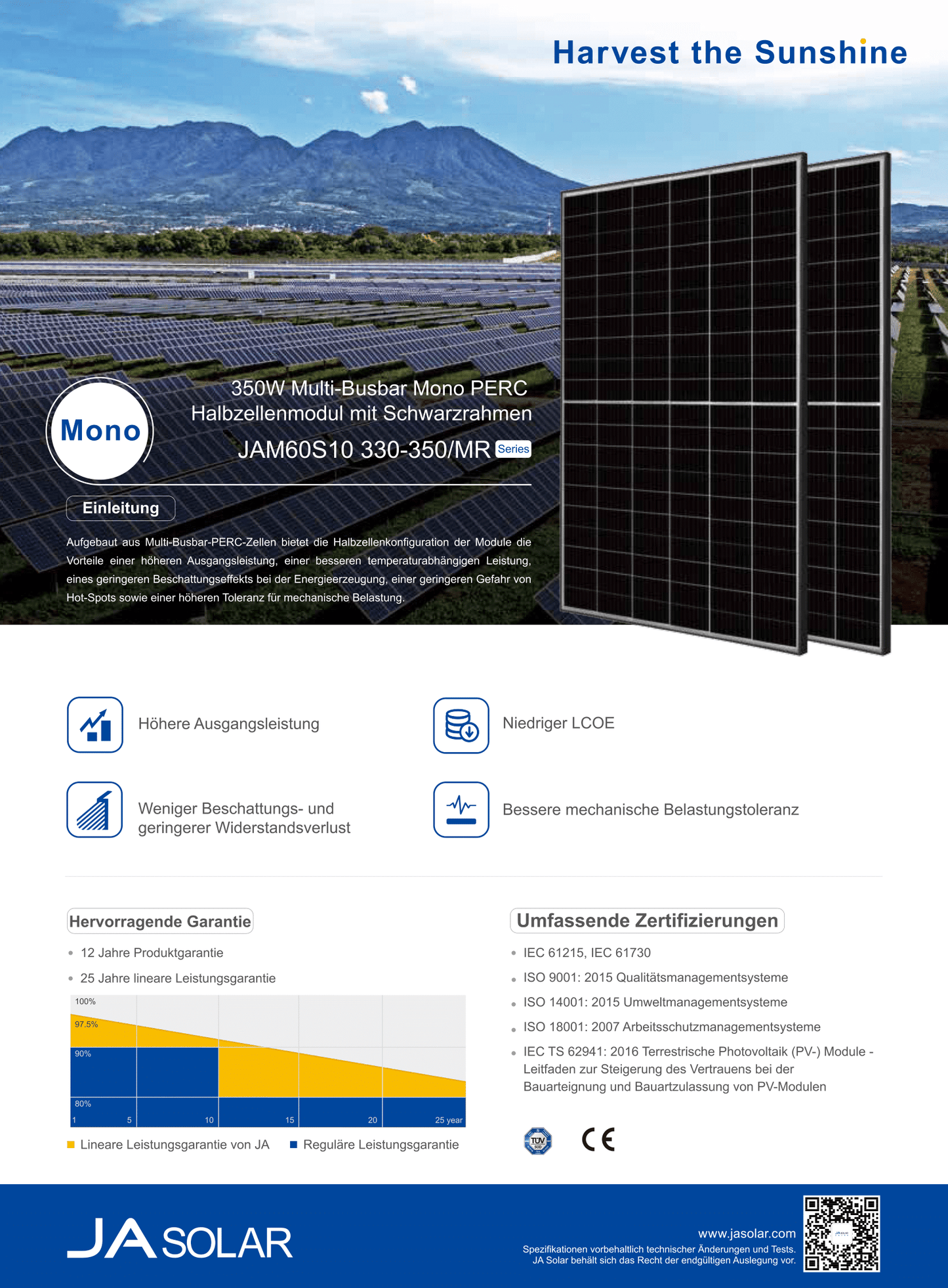 JA Solar PV Modul Solarpanel 345 Watt Mono PERC Halbzellen MC4 Rahmen Schwarz