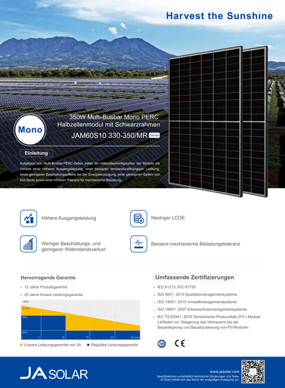 JA Solar PV Modul Solarpanel 345 Watt Mono PERC Halbzellen MC4 Rahmen Schwarz