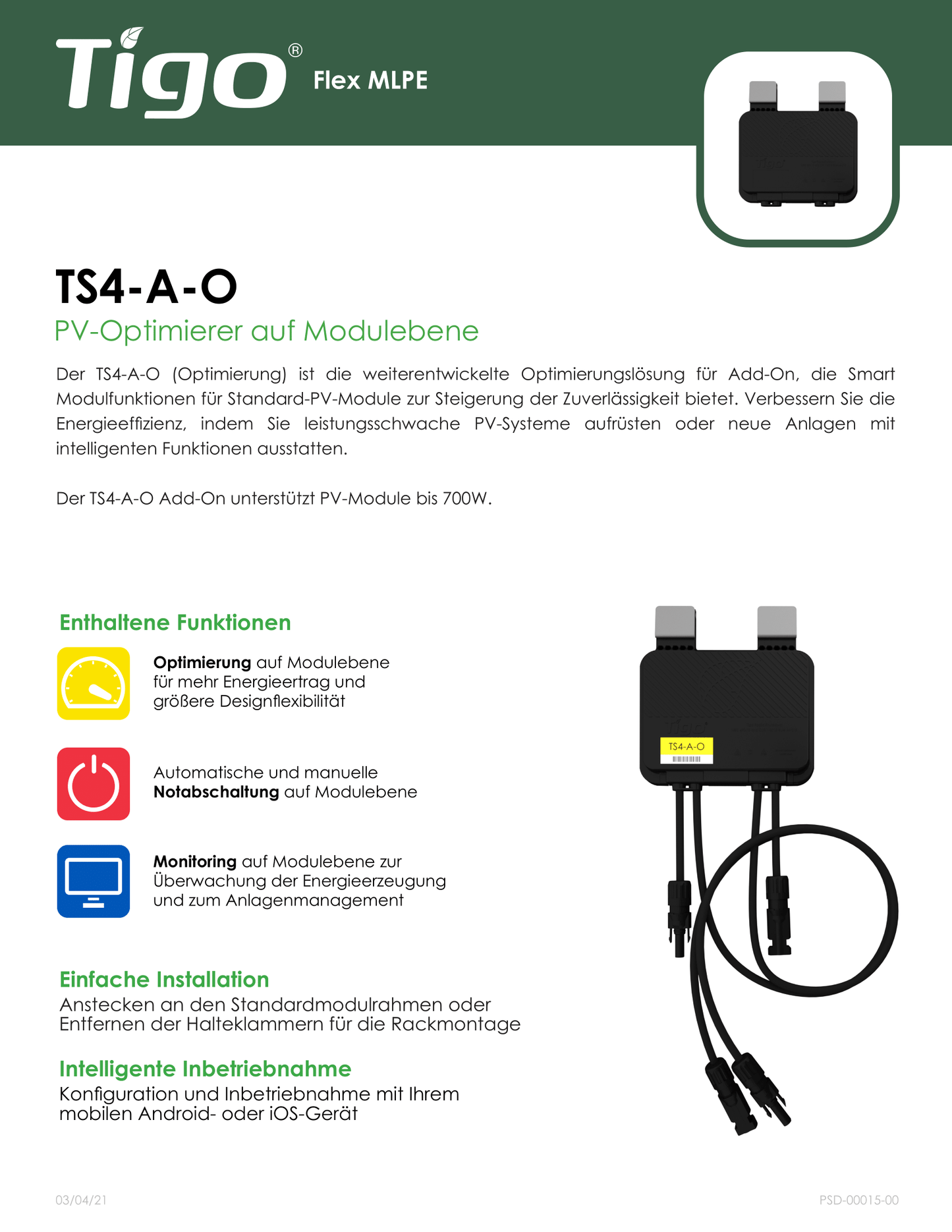 Tigo TS4 A O Optimierer für Solar PV Modul bis 700W 15A