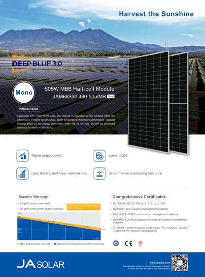 JA Solar PV Modul Solarpanel 500 Watt Mono PERC Halbzellen MC4 Rahmen silber