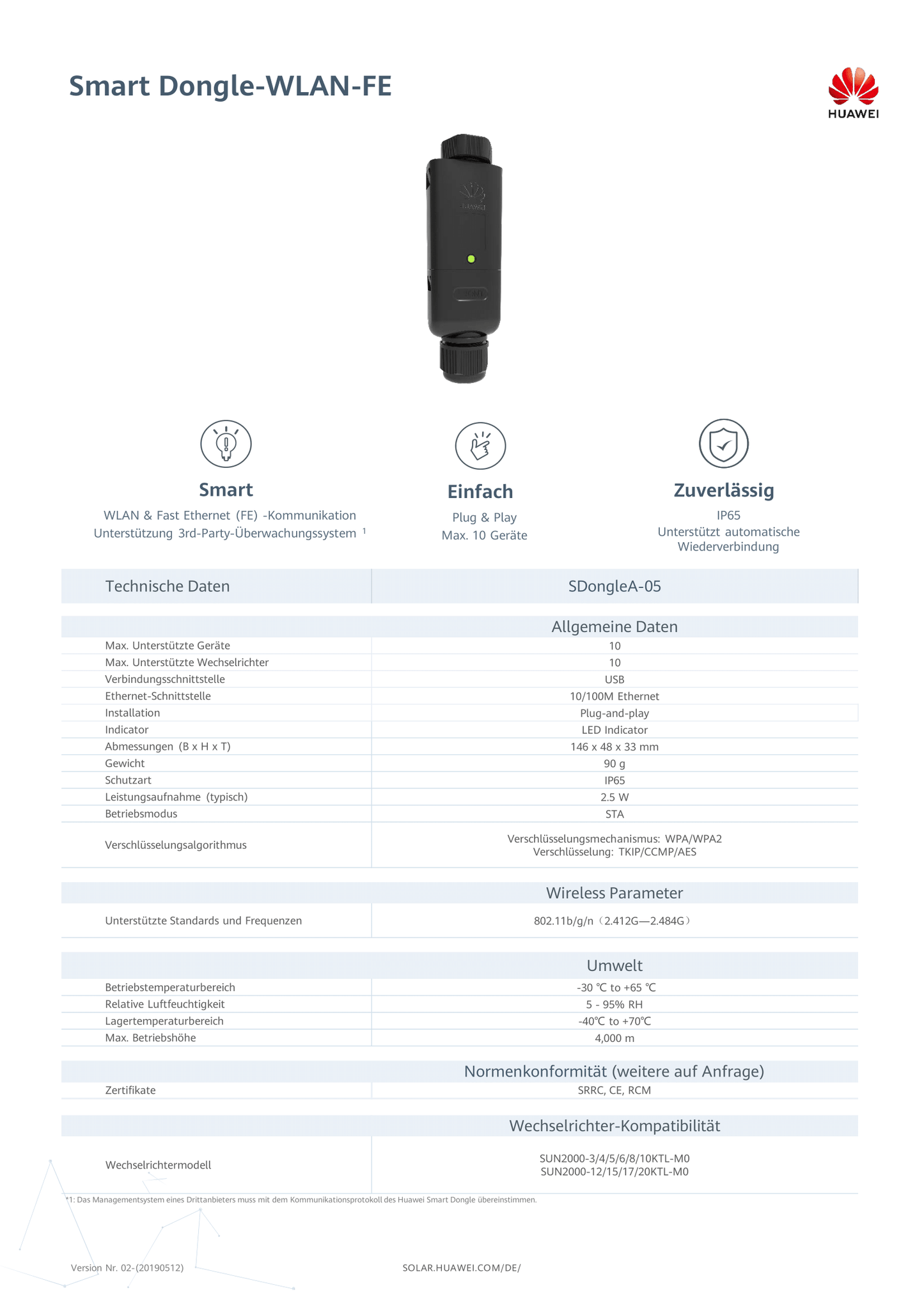 Huawei Smart Dongle WLAN FE Ethernet LAN für WechselrichterSDongleA 05