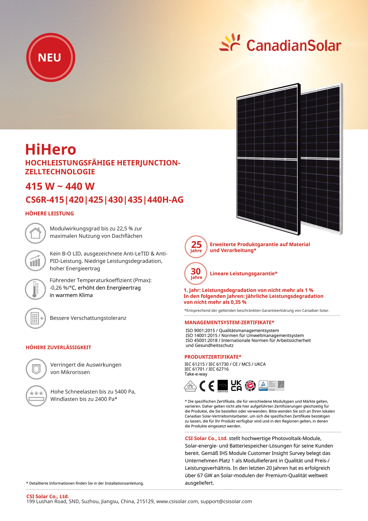 Canadian Solar PV Modul Solarpanel 430 Watt HiHero Mono PERC HiKu MC4schwarz