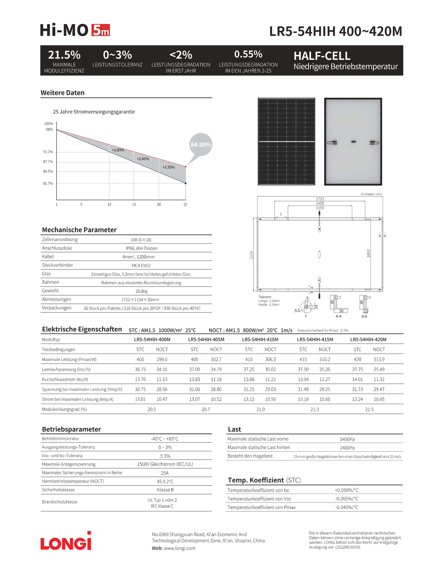 Longi PV Modul Solarpanel 410 Watt Mono PERC Halbzellen Rahmen schwarz