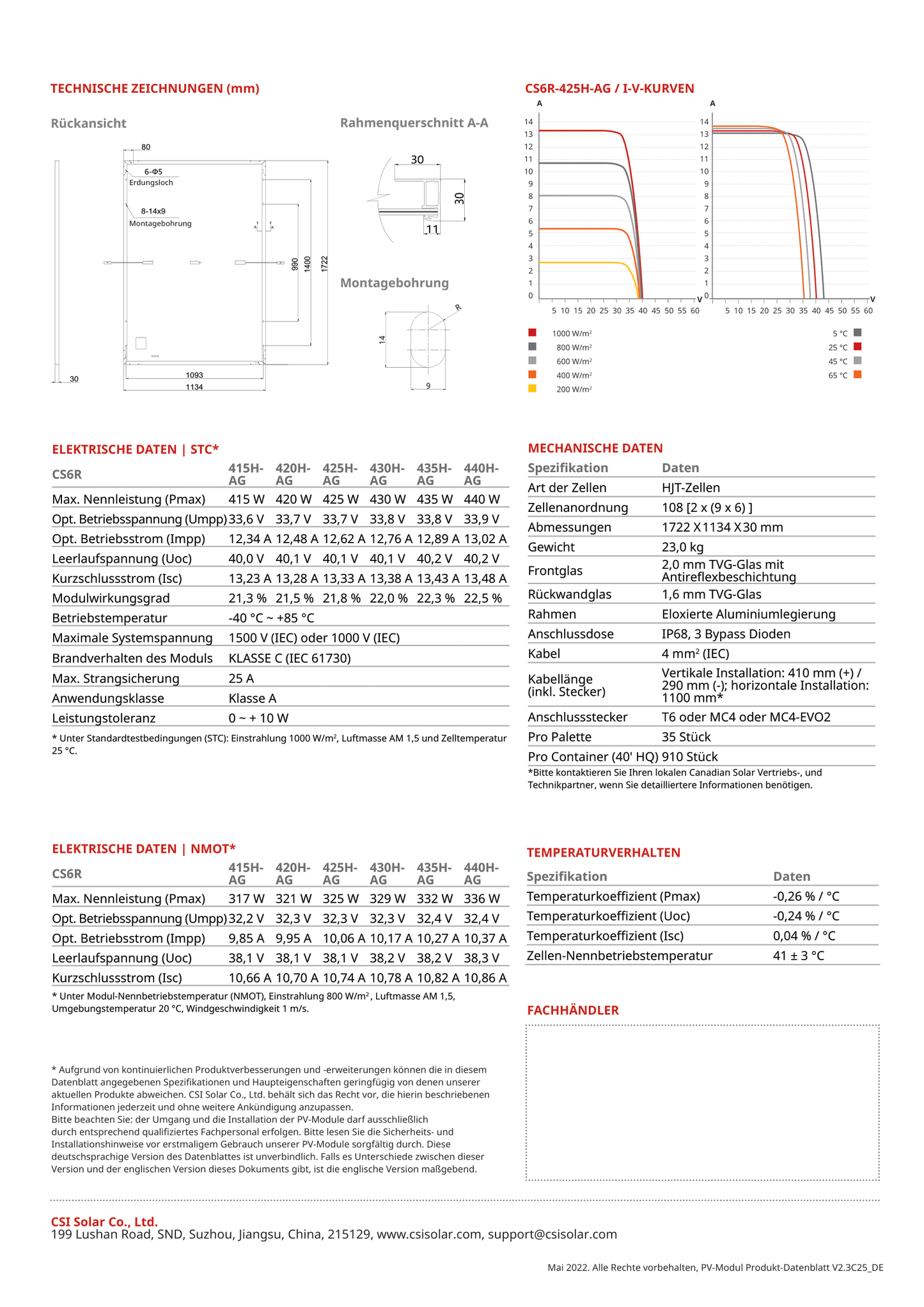 Canadian Solar PV Modul Solarpanel 425 Watt HiHero Mono PERC HiKu MC4 schwarz