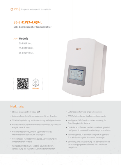 Solis Wechselrichter 3.6kW Hybrid S5 EH1P 2 MPPT 1 Phase Smart Meter