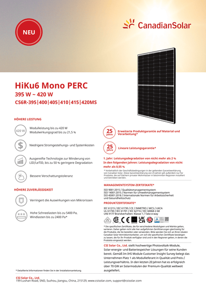 Canadian Solar PV Modul Solarpanel 415 Watt High Power Mono PERC HiKu MC4