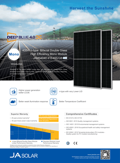 JA Solar PV Modul Solarpanel 420 Watt N Typ Bifacial Mono MC4