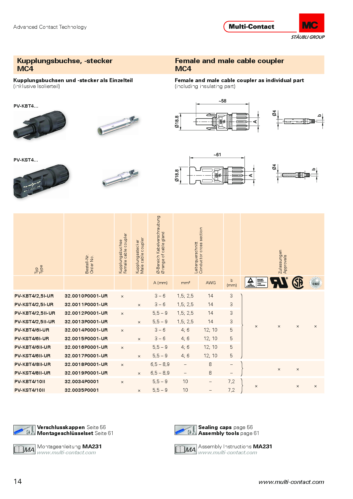 Stäubli MC4 Stecker dA : 5,0 6,0mm 0015