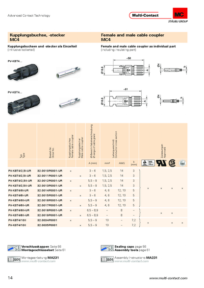 Stäubli MC4 Stecker dA : 5,0 6,0mm 0015