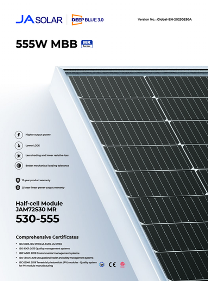 JA Solar PV Modul Solarpanel 545W Mono PERC Halbzellen MBB MC4