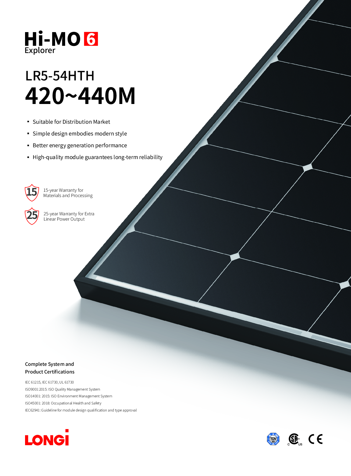 Longi 440W PV Modul Panel Mono PERC Halbzellen HTH Rahmen schwarz