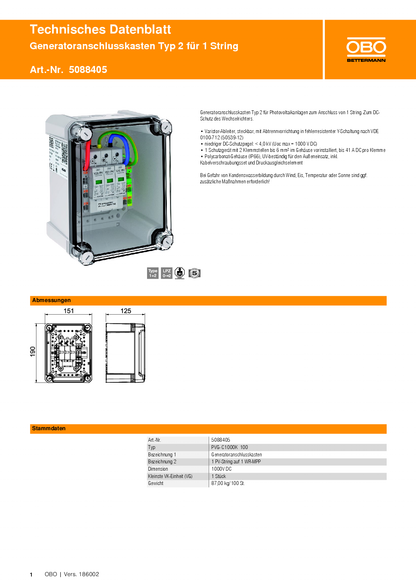 OBO Bettermann Generatoranschlusskasten Typ 2 für 1 String 1000V DC V2