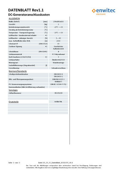 Enwitec DC Generatoranschlusskasten IP65 Typ I & II