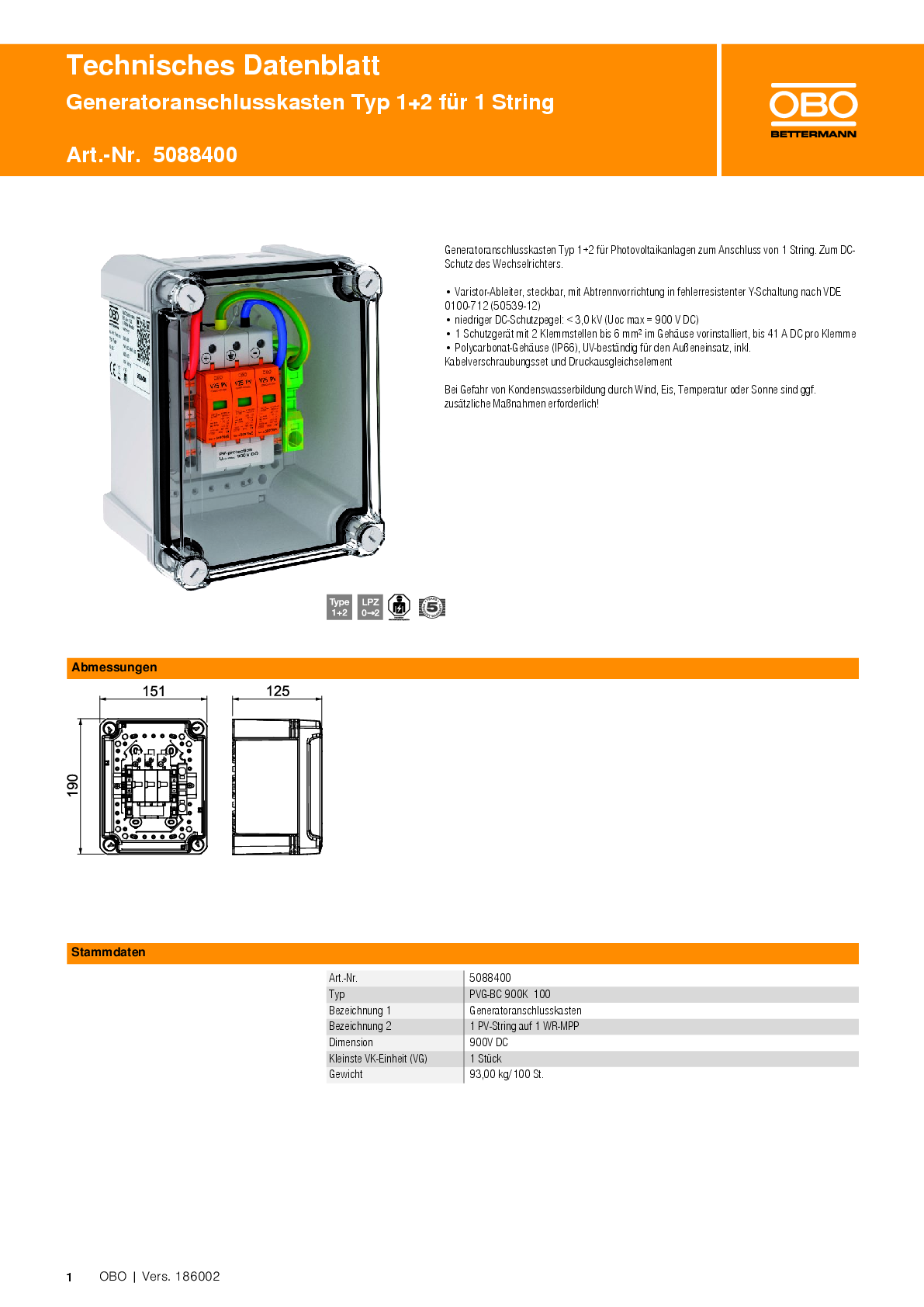 OBO Bettermann Generatoranschlusskasten Typ 1+2 für 1 String 900 V DC V2