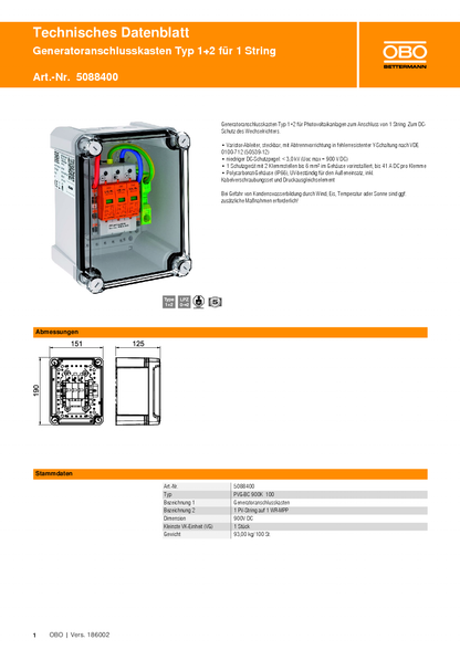 OBO Bettermann Generatoranschlusskasten Typ 1+2 für 1 String 900 V DC V2