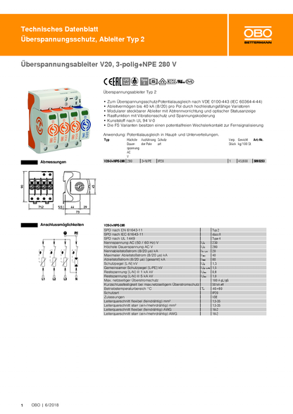 OBO Bettermann Überspannungsableiter V20 3 polig+NPE 280 V