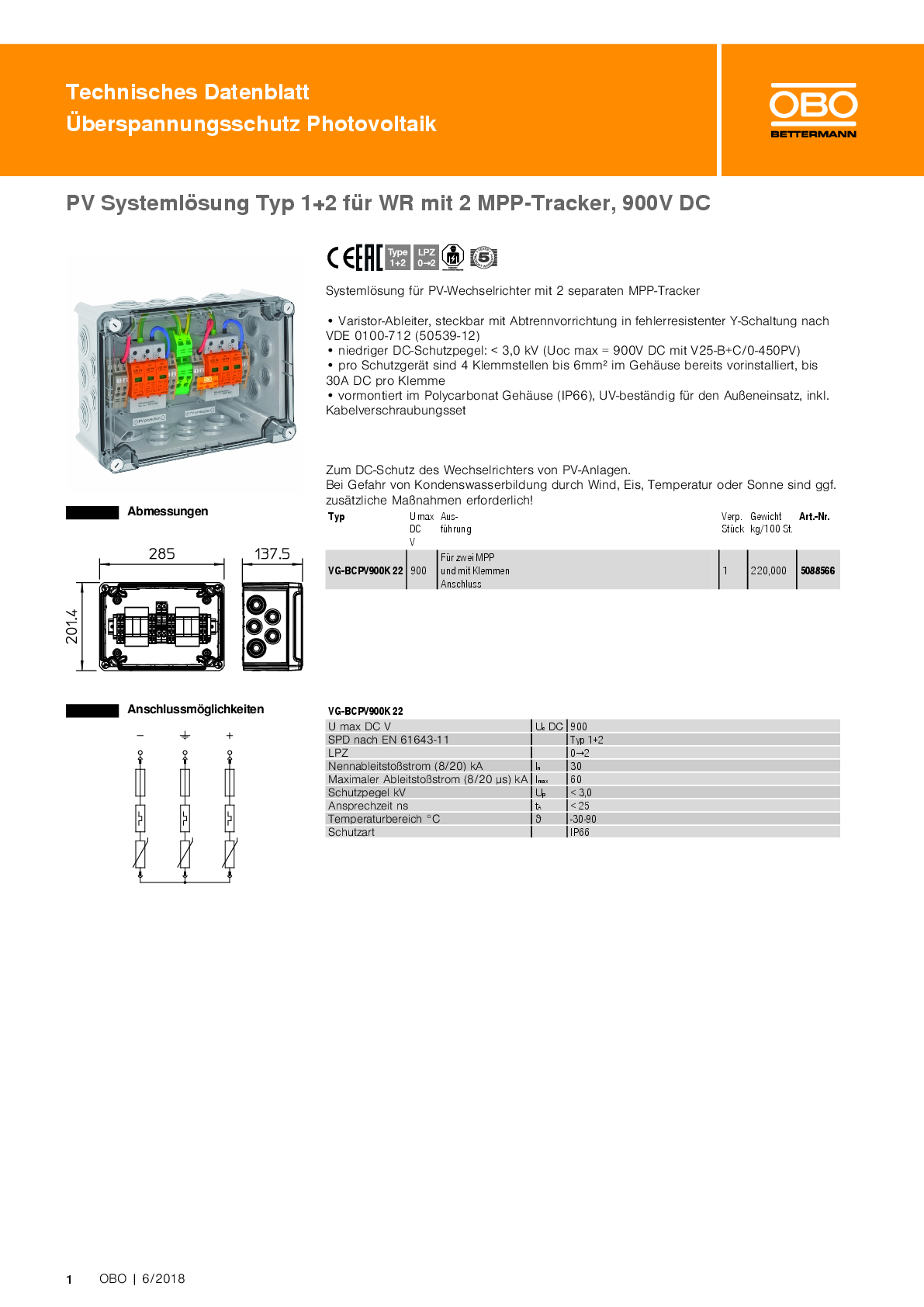 OBO Bettermann PV Systemlösung Typ 1+2 für WR mit 2 MPP Tracker 900V DC