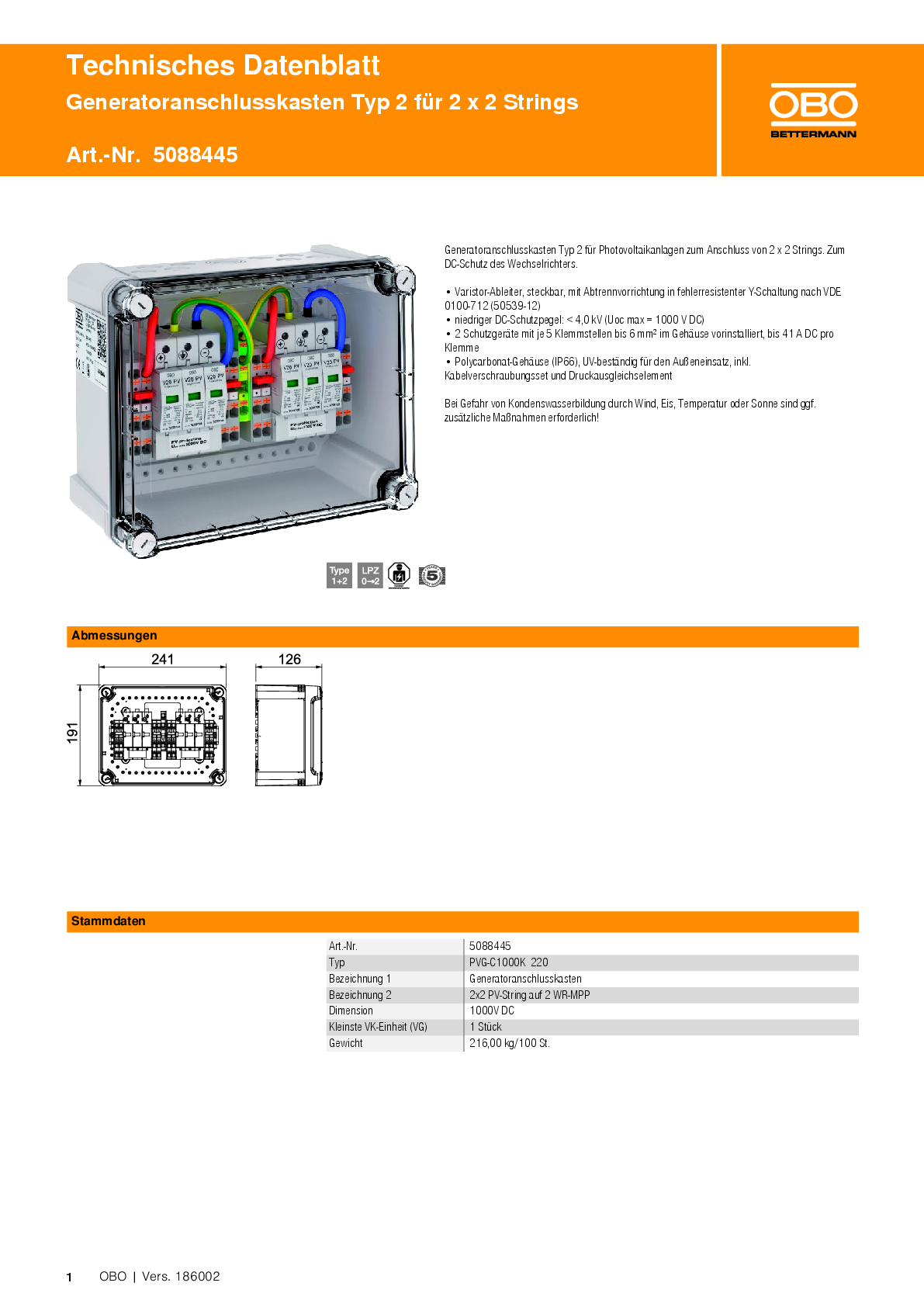 OBO Bettermann Generatoranschlusskasten Typ 2 für 2 x 2 Strings 1000V V2