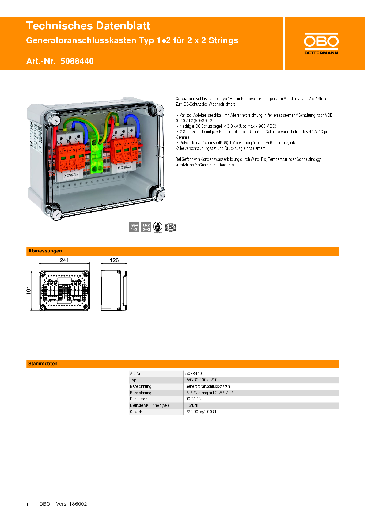 OBO Bettermann Generatoranschlusskasten Typ 1+2 für 2 x 2 Strings 900V DC V2