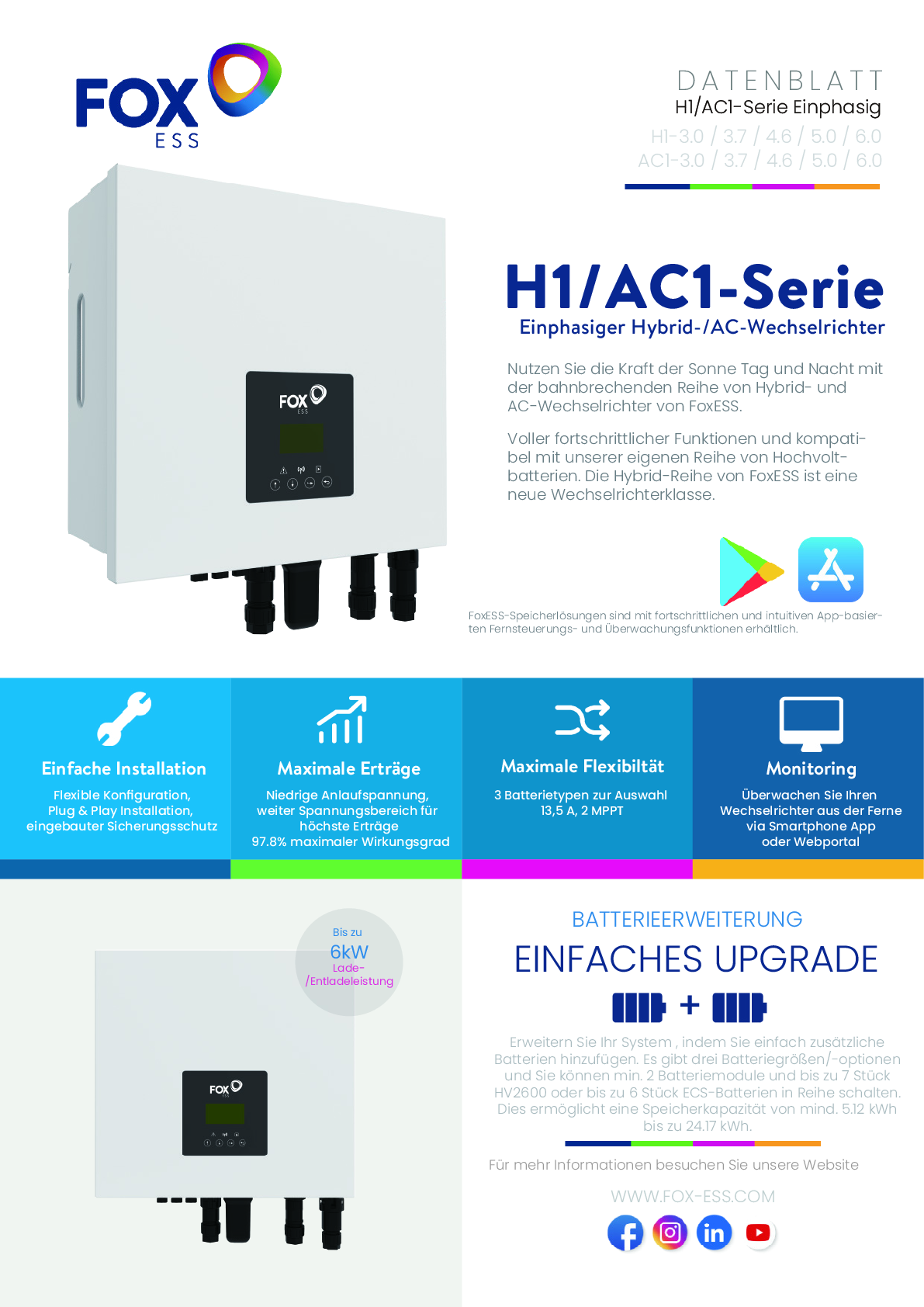 Fox ESS H1 4.6 kW Hybrid Wechselrichter 1ph