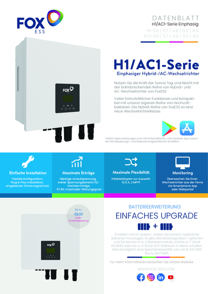 Fox ESS H1 4.6 kW Hybrid Wechselrichter 1ph