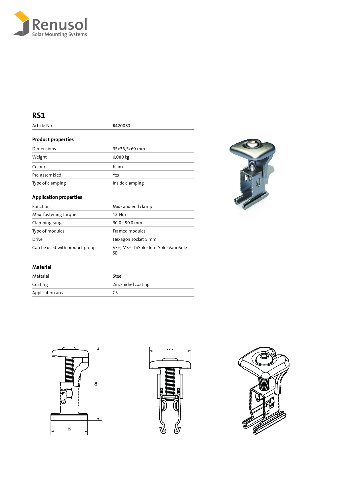 Renusol RS1 Universal End und Mittelklemme 30-50mm