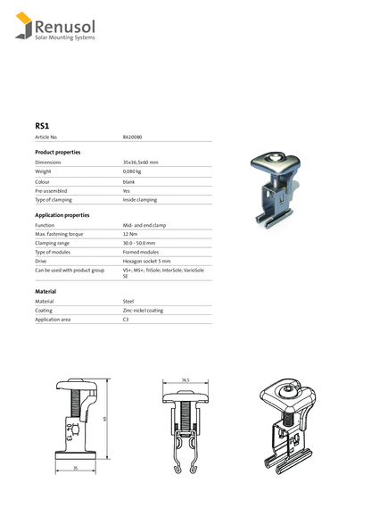 Renusol RS1 Universal End und Mittelklemme 30-50mm