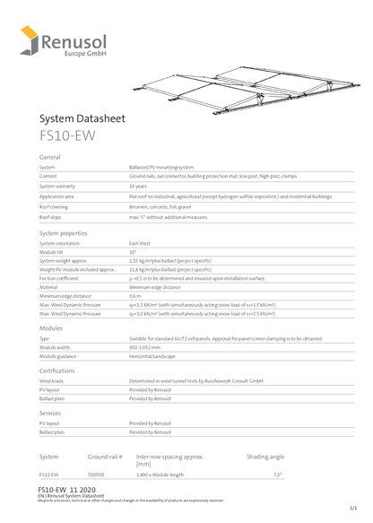 Renusol FS10 EW Auflager First 10°