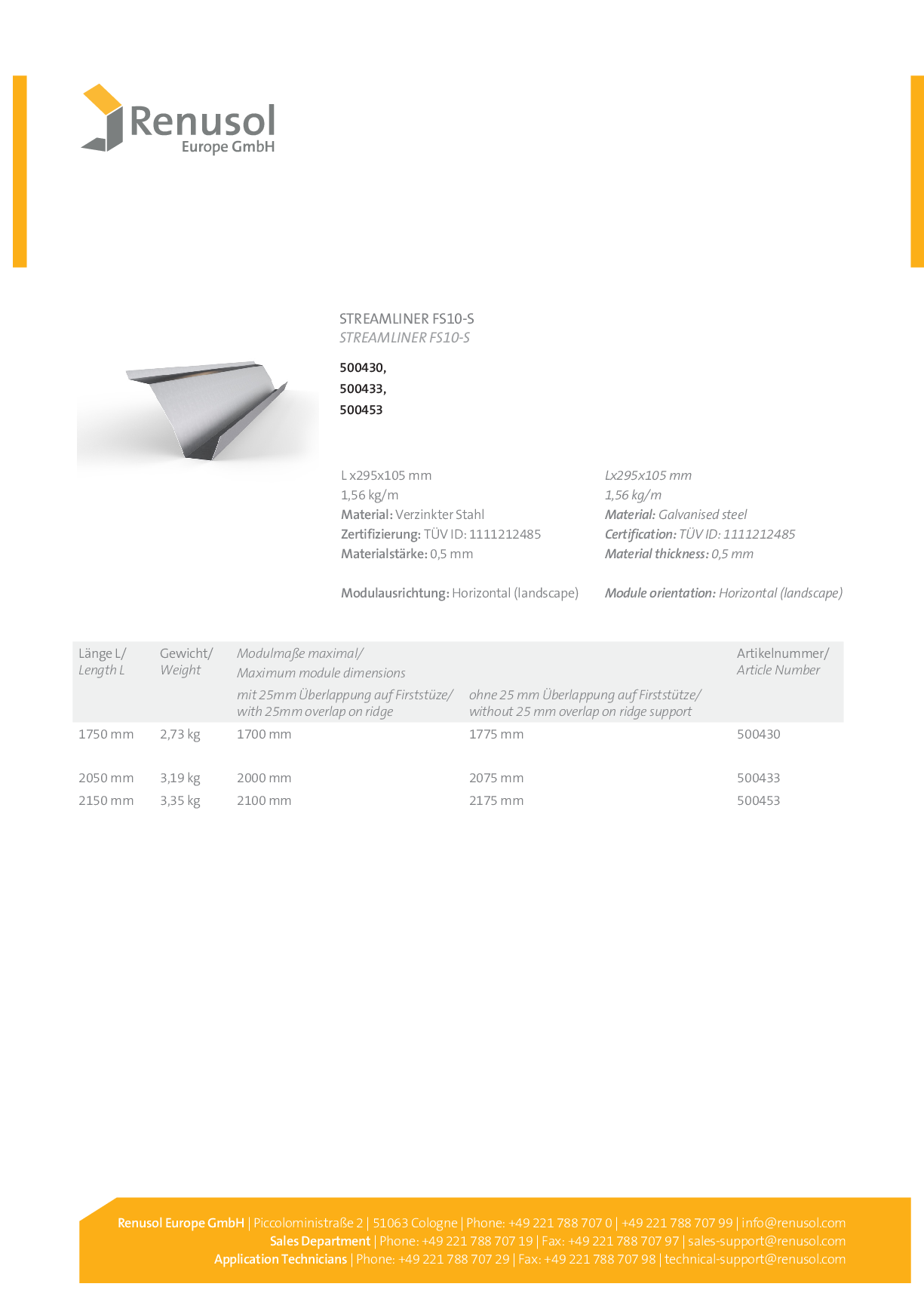 Renusol Streamliner FS10 S 2150mm