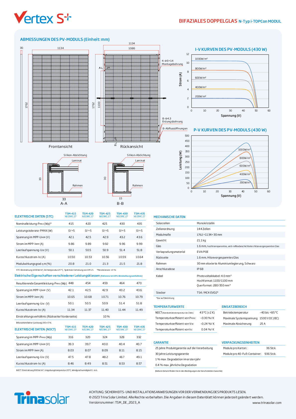 Trina 435W PV Panel Modul Vertex S+ N Type i TOPCon Bifazial Schwarz