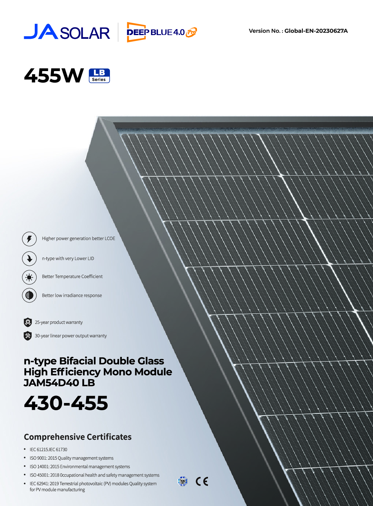 JA Solar 440W N Typ Bifaziales Doppelglas Mono LB MC4 Rahmen schwarz