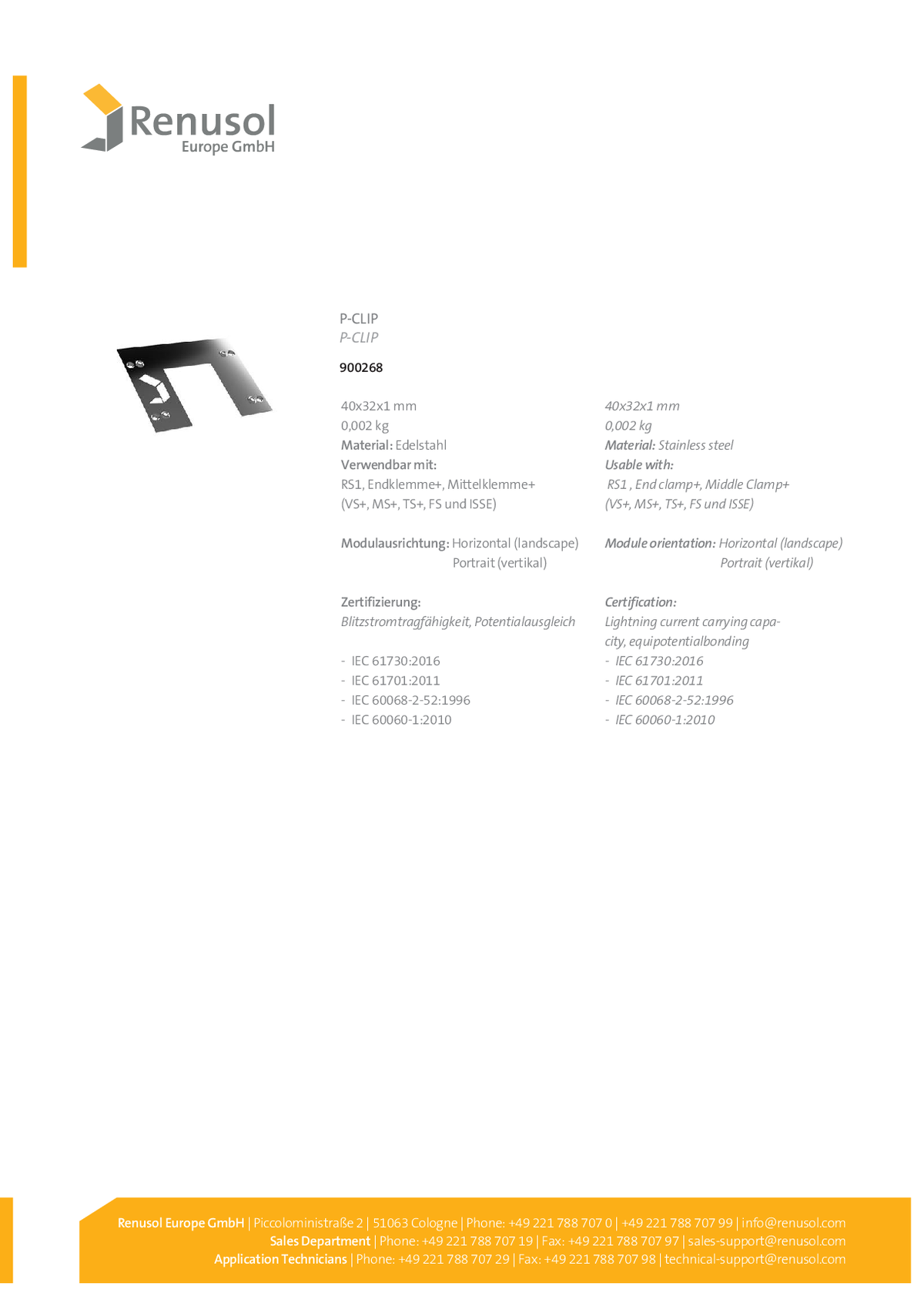 Renusol P Clip Potentialausgleich
